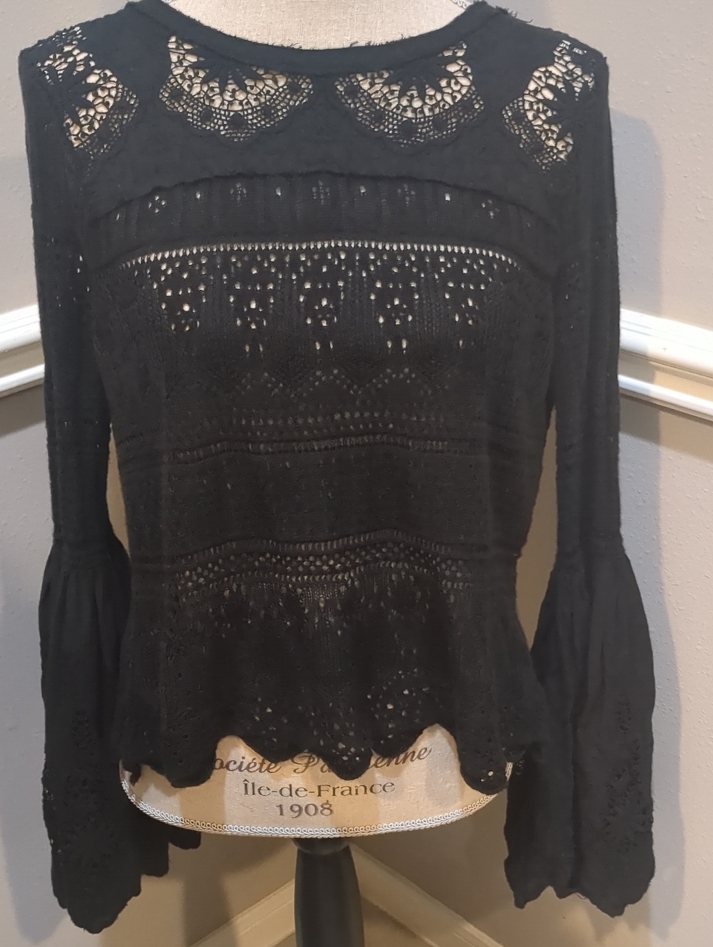 Free People Black Lace Knit Bell-Sleeve Women’s Top